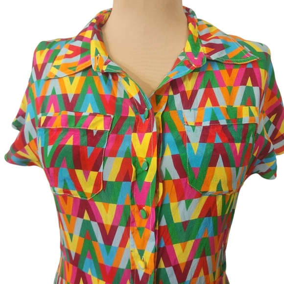 Italian Silk Geometric Pattern Shirt Dress - Size M - Picture 4 of 13